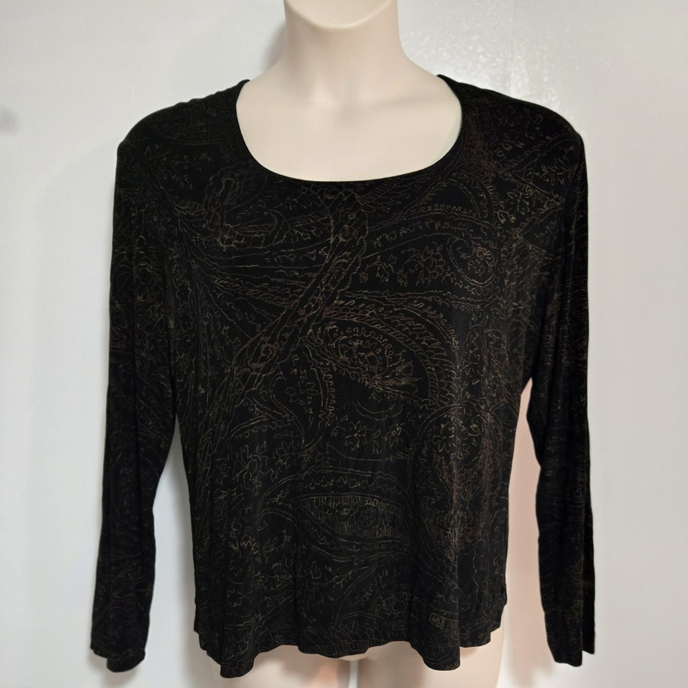 Chico's Travelers Size 3 (XL) Black Paisley Stretch Knit Scoop Knit Top Made USA